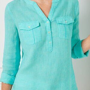 Talbots Women's Linen Long Sleeve Roll Tab Hidden Button-Down Popover Top MEDIUM